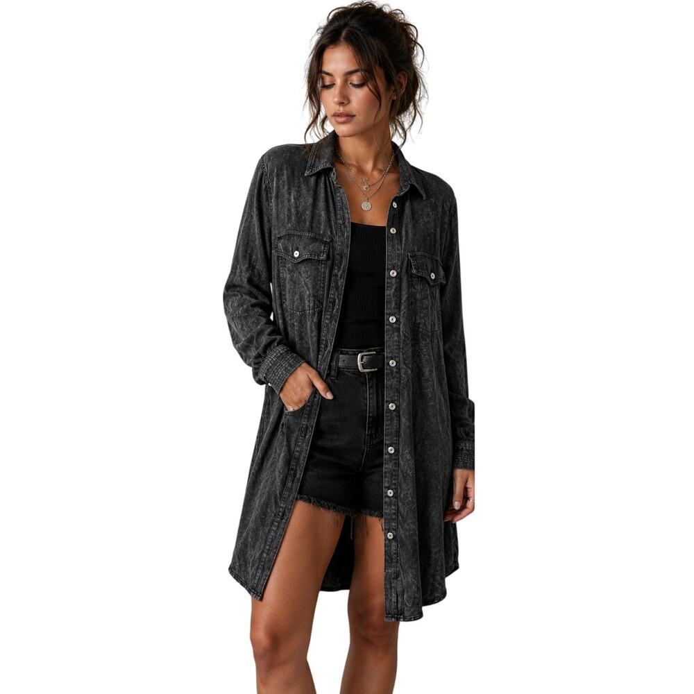 Y2K Easel Los Angeles Acid Wash Rayon Shirt Dress Grunge Goth Boho M - Picture 3 of 8